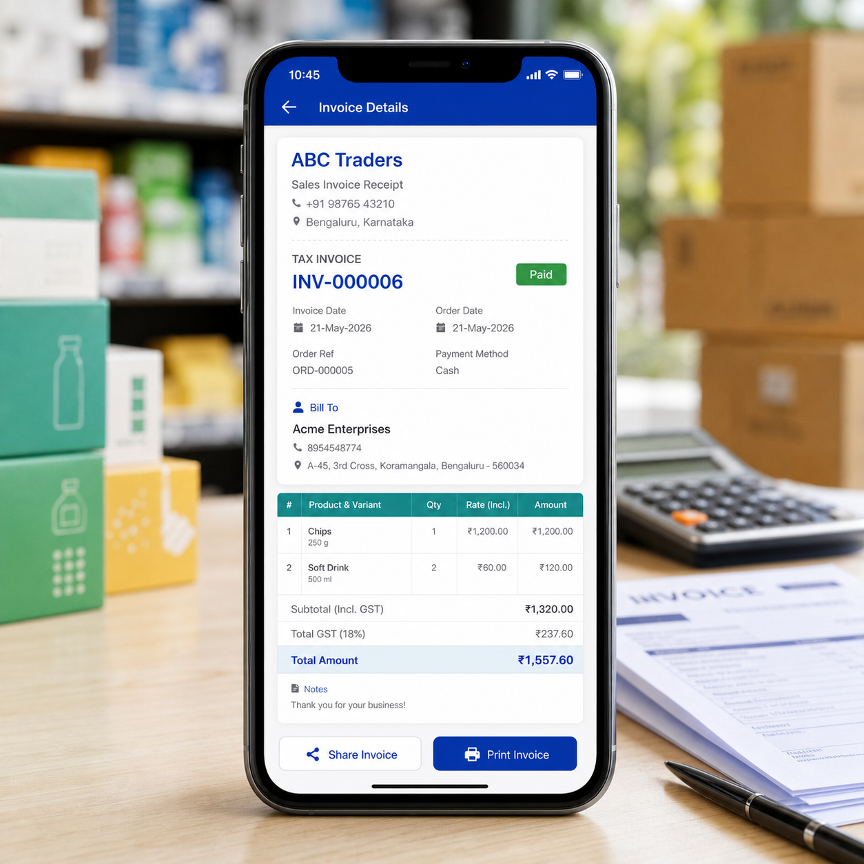 Phone mockup showing invoice receipt screen