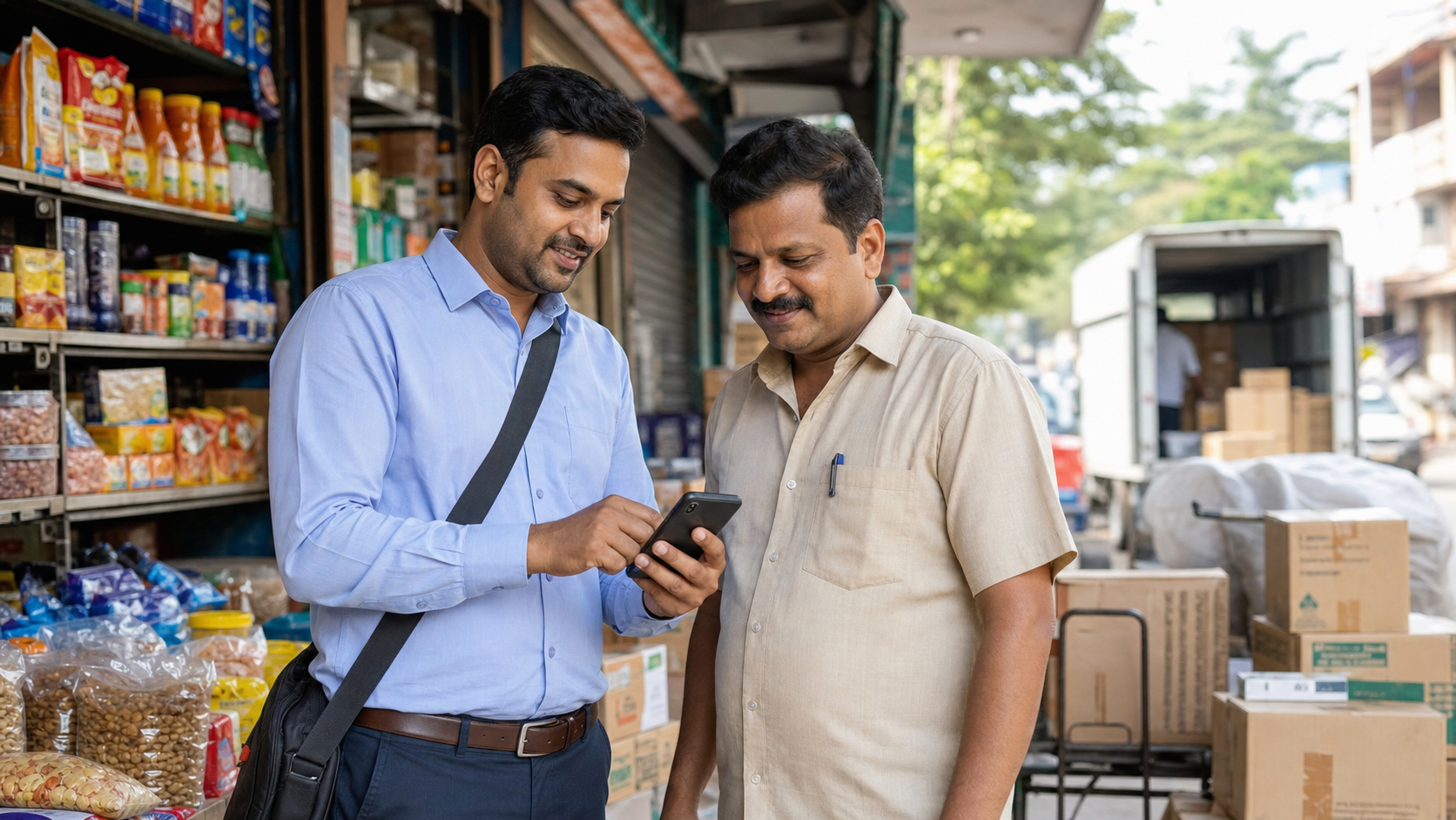 Field sales executive taking a distributor order on mobile phone