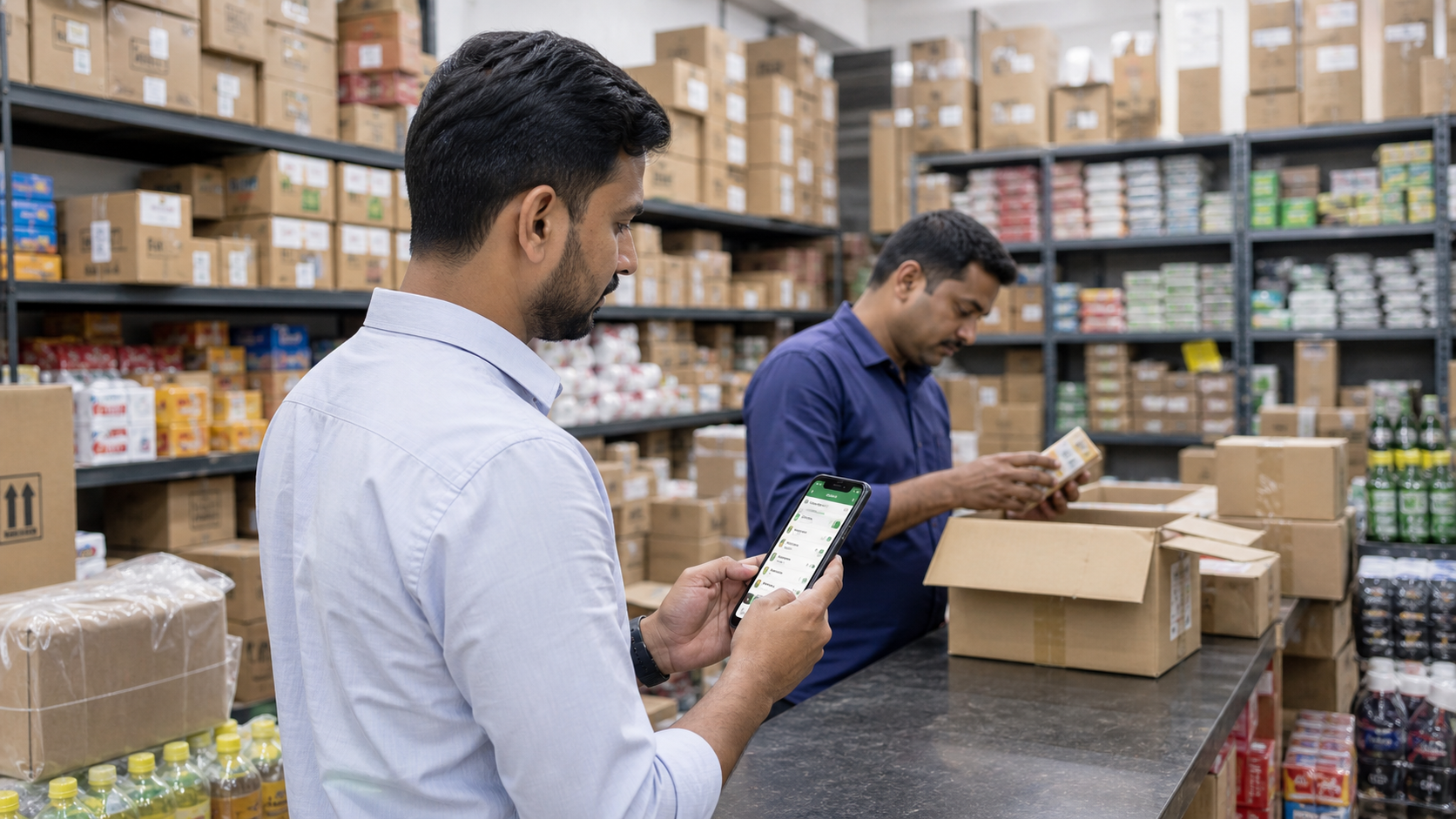 Sales representative checking stock and order details on mobile app