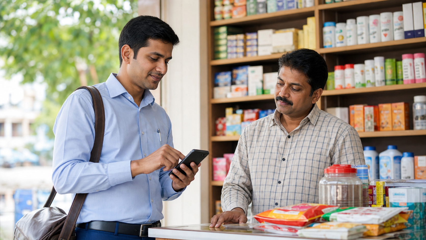 Sales representative taking a distributor order on mobile phone