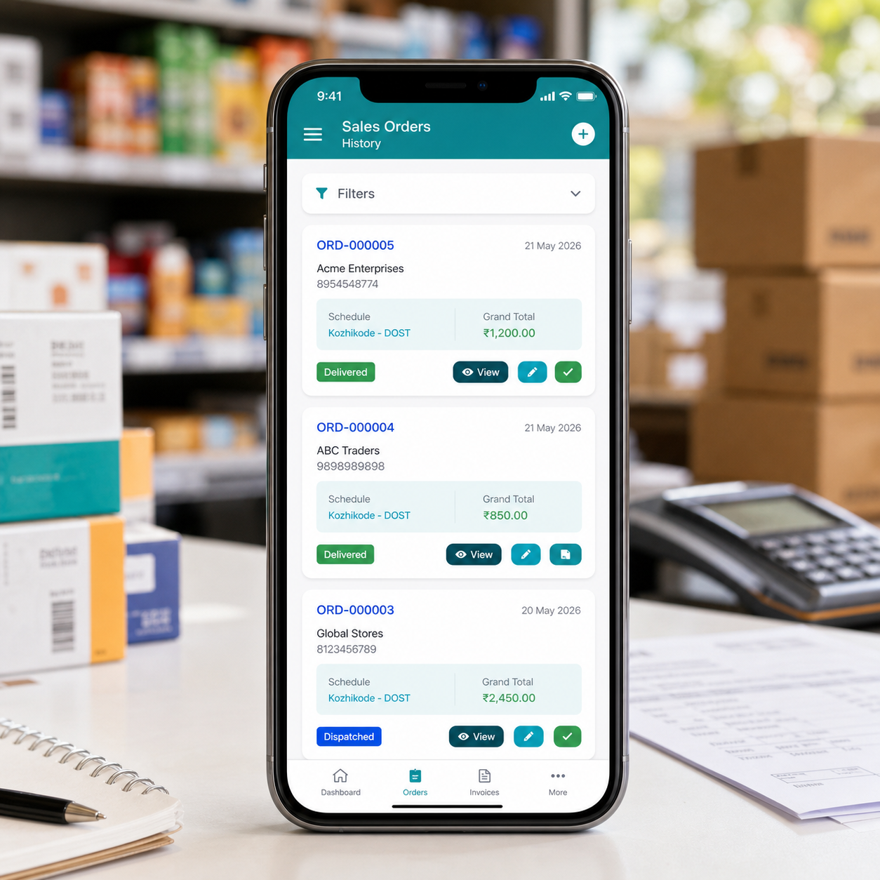 Phone mockup showing orders history screen