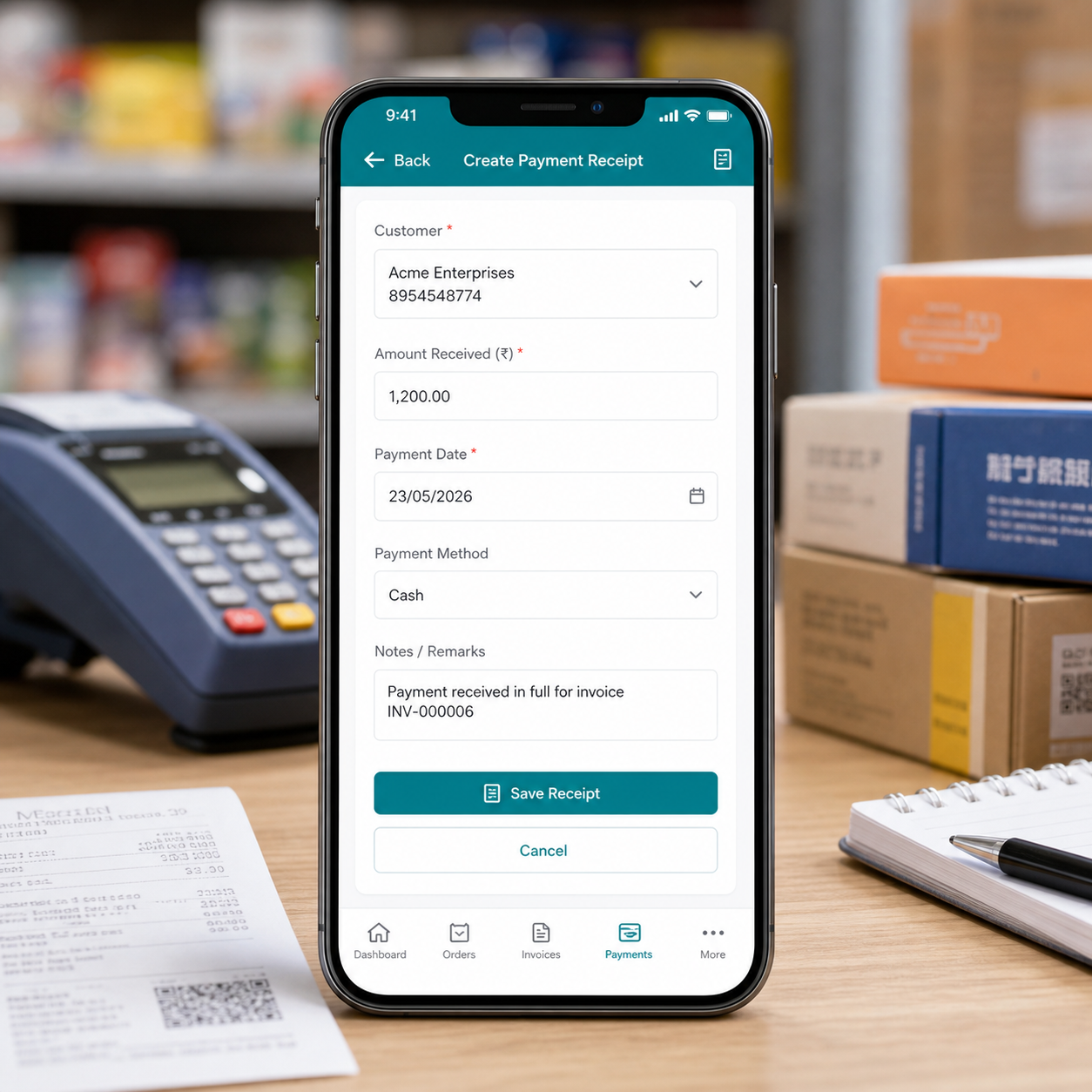 Phone mockup showing payment receipt screen