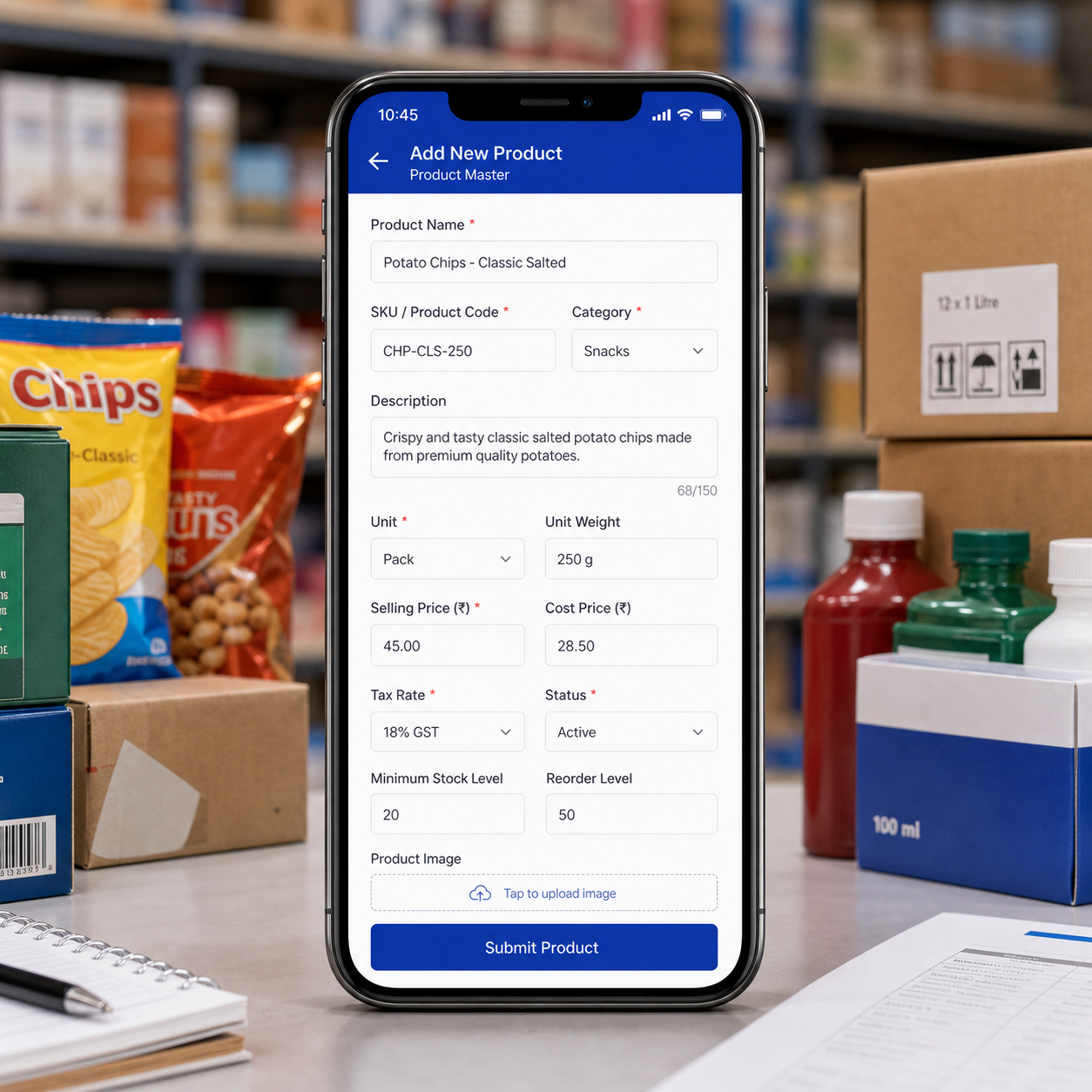 Phone mockup showing product master screen