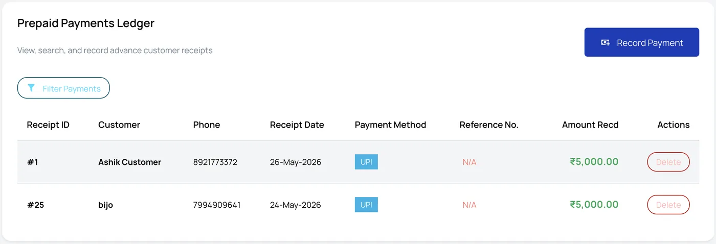 Prepaid payments ledger screen preview